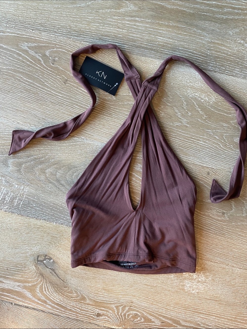 Klassy Network Halter Crop Top in Mauve Brown